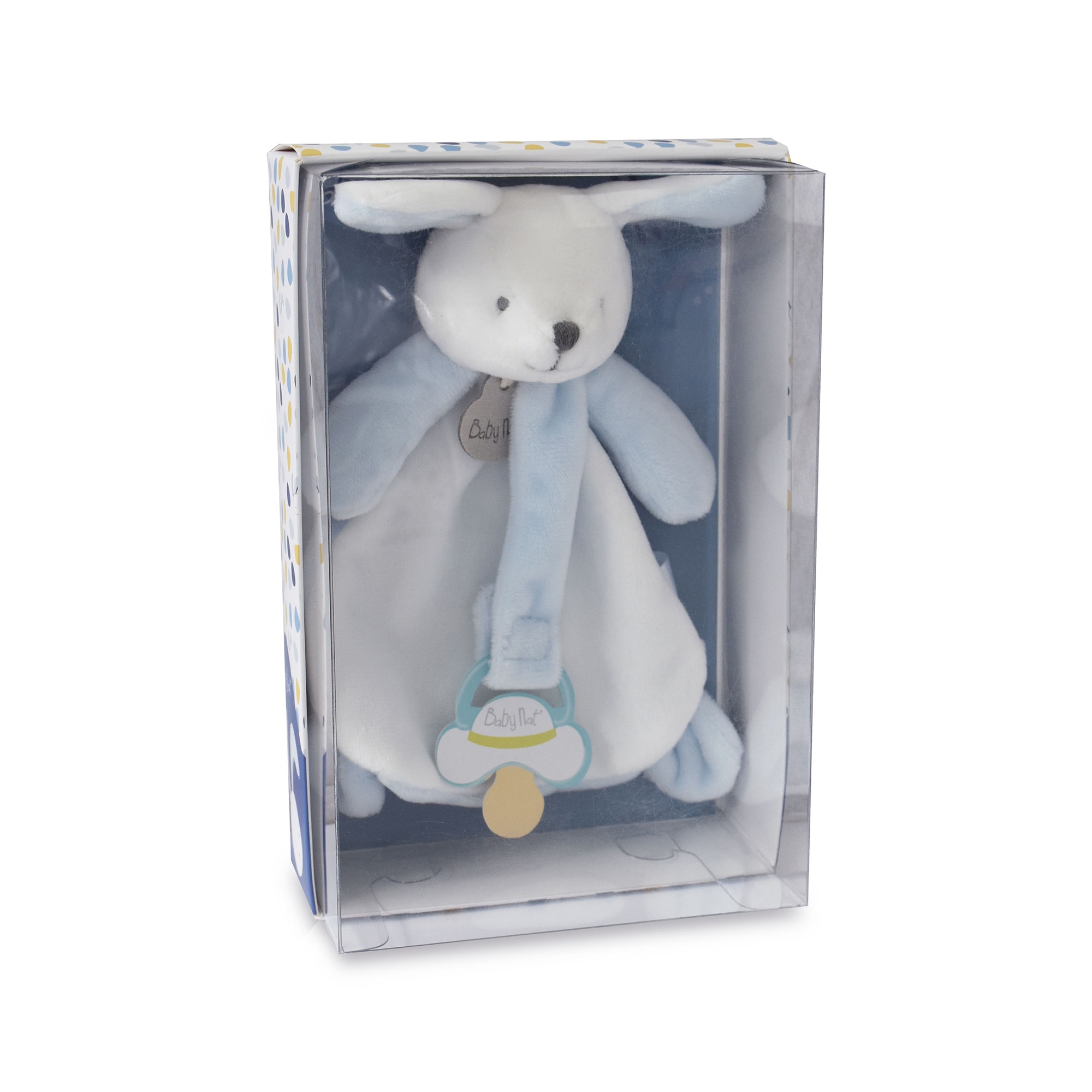 DOUDOU ATTACHE SUCETTE LAPIN BLEU